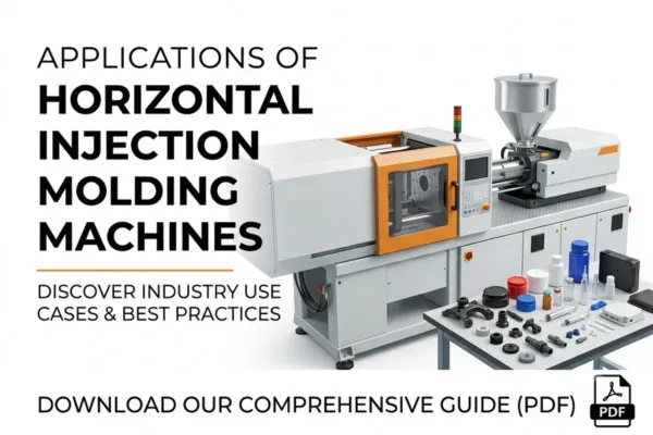 Horizontal injection moulding machine beside moulded plastic components