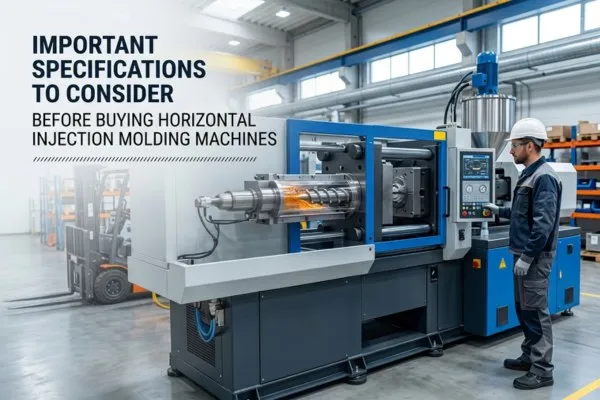 Engineer checking specifications on a horizontal injection moulding machine